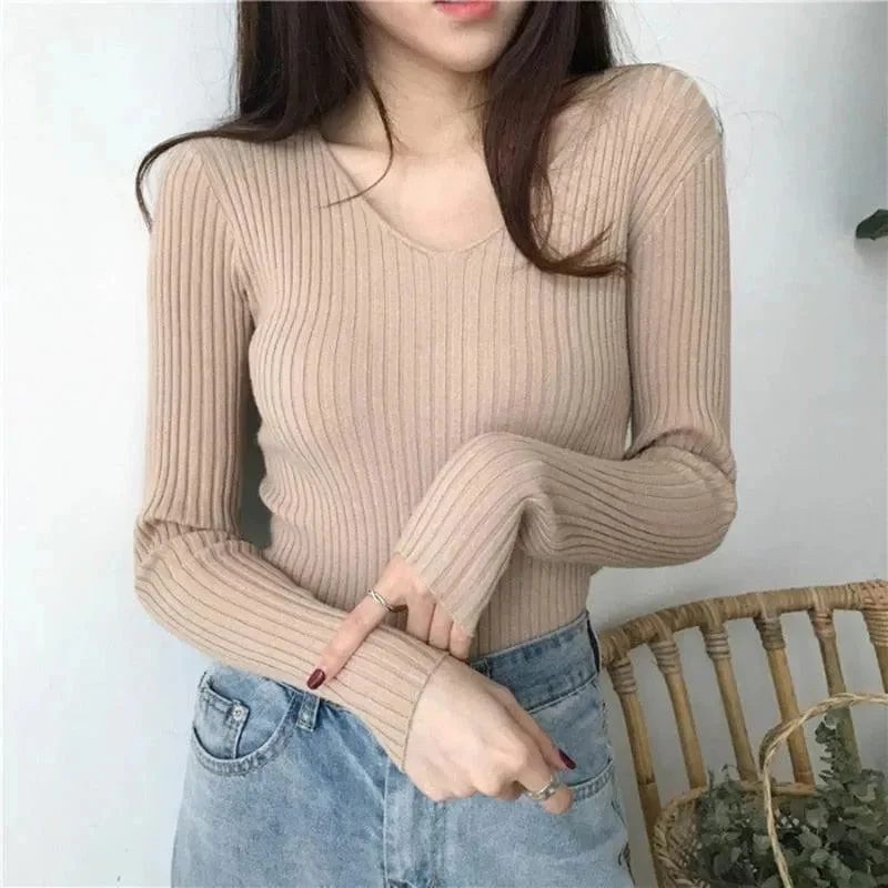 Vibrant Femme Fashion V-Neck Slim Knitted Sweater