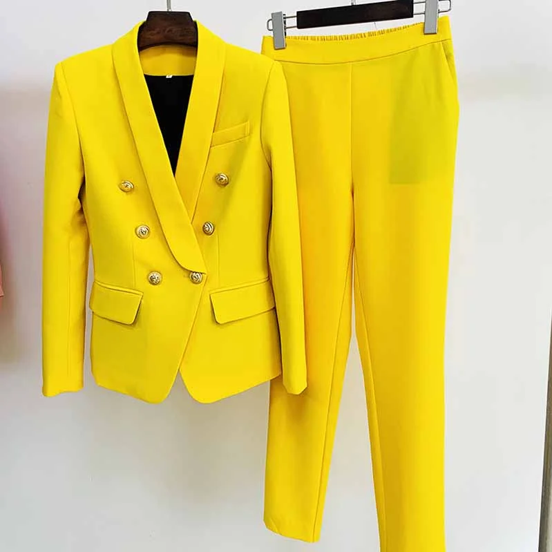 Online Boutiques Womens Yellow Pantsuits Blazer + High Waist Nine-Point Suit Pants
