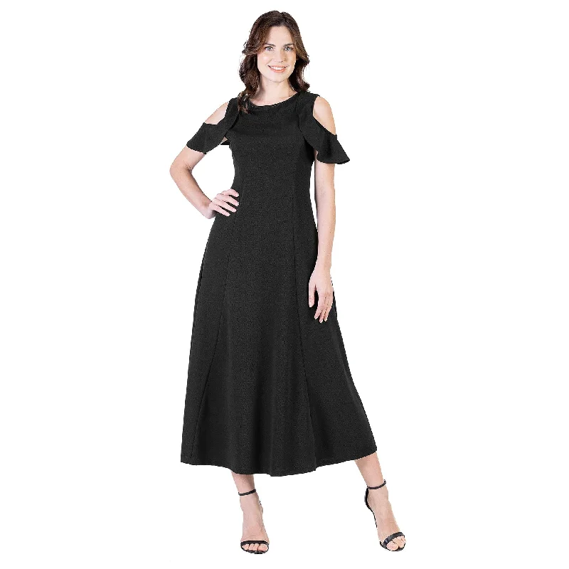 Trendy Street Style Clothing 24seven Comfort Apparel Ruffle Cold Shoulder A Line Maxi Dress