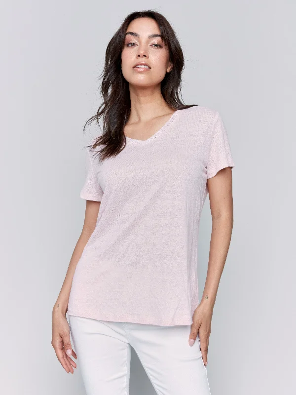 Women's Clothing Sale Online Linen Blend V-Neck T-Shirt - Petal