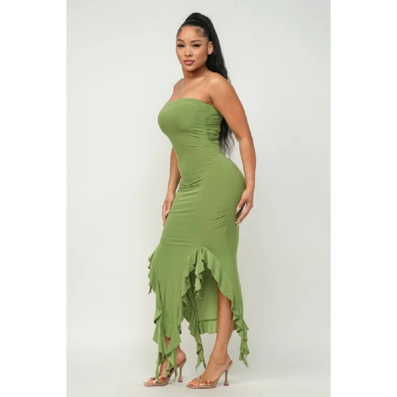 Sale For Women Polyester Solid Bottom Ruffle Trim Hem Slit Tube Maxi Dress