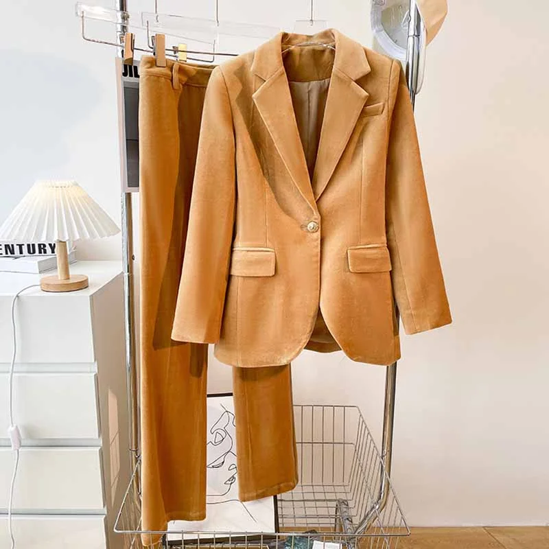 Street Style Fashion Women Camel One Button Suit with Pants Velvet Two Pieces Pantsuit Street Style Fashion Women Camel One Button Suit with Pants Velvet Two Pieces Pantsuit