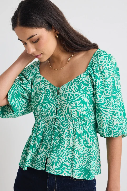 Stylish Basics Amulet Green Batik Print Sweetheart Neck Short Sleeve Top