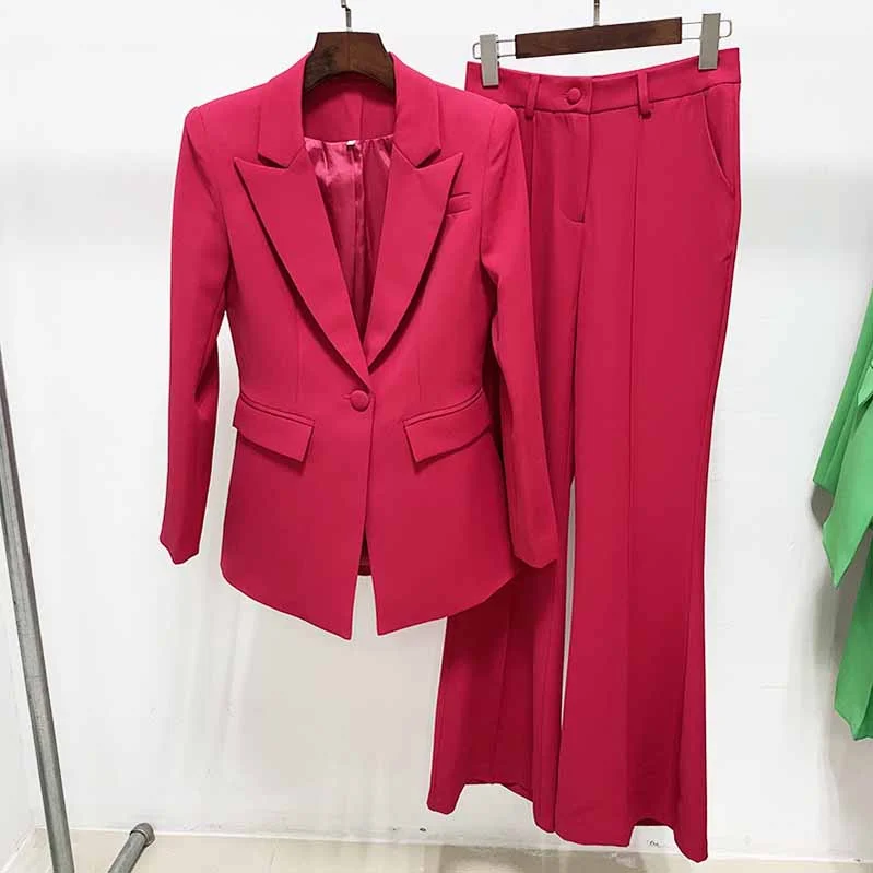 Exclusive Online Sale Women Rose Pink Blazer + Flare Trousers Suit Two Piece Pantsuits Exclusive Online Sale Women Rose Pink Blazer + Flare Trousers Suit Two Piece Pantsuits