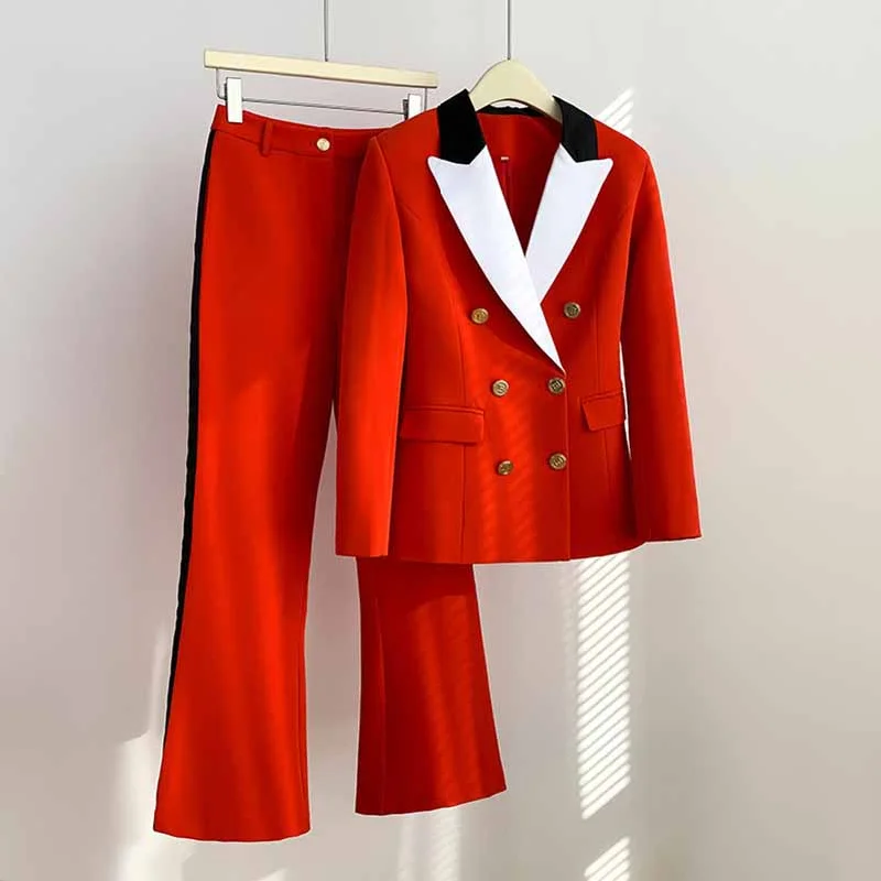 Casual Wear Women red wedding pantsuit white collar One-button Party pant suit