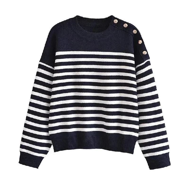 Best Online Boutiques For Women Buttoned Striped Pullover Sweaters