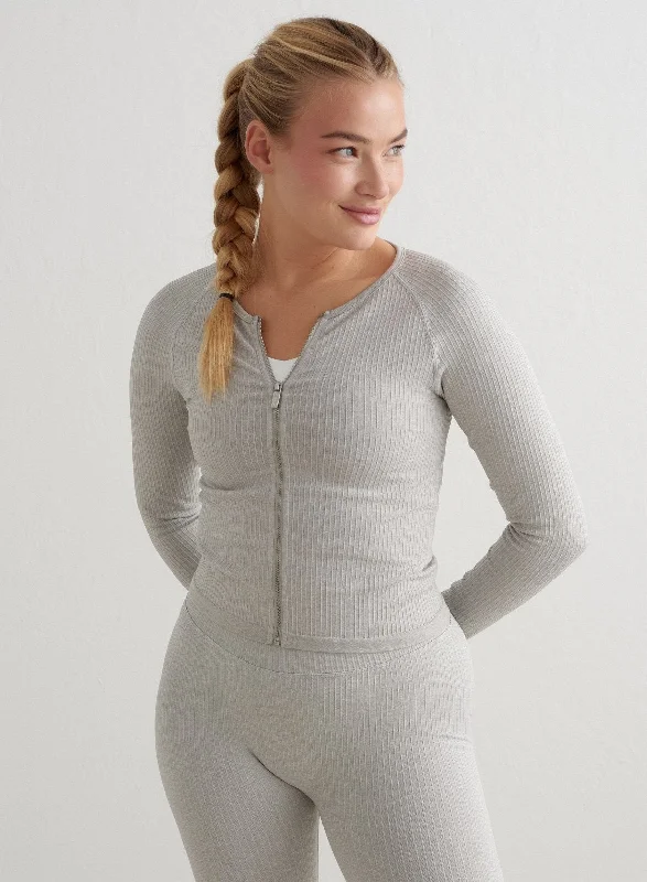 Fashion Essentials Grey Melange Ribbed Seamless Zip Jacket