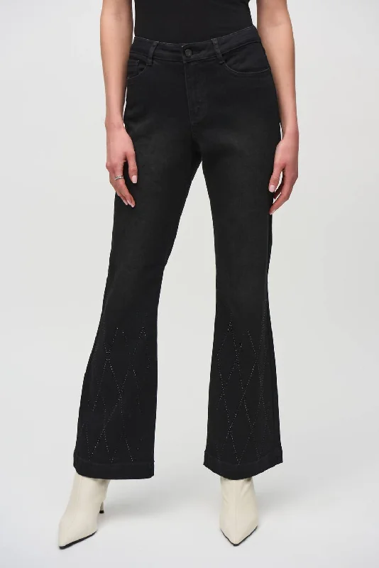 Casual Chic Classic Flared Denim Pants With Rhinestone Detail In Black