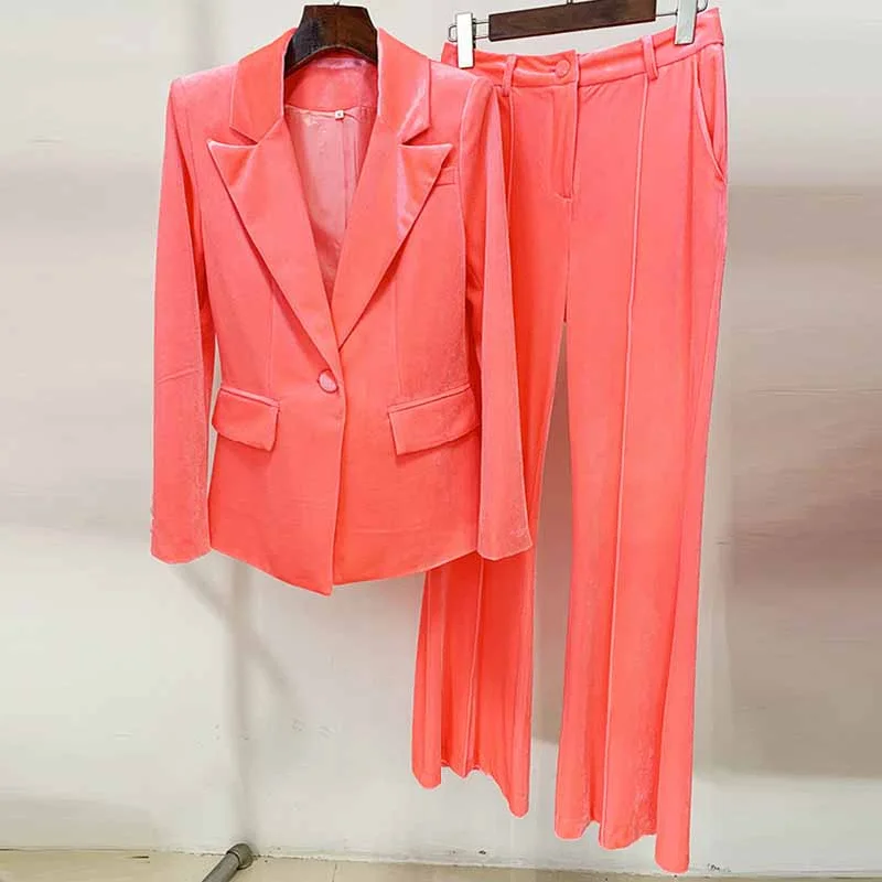 Chic Outfits Women Velvet Coral Pantsuit One Button Blazer + Mid-High Rise Flare Trousers Pants Suit, Wedding Suit, Chic Outfits Women Velvet Coral Pantsuit One Button Blazer + Mid-High Rise Flare Trousers Pants Suit, Wedding Suit,
