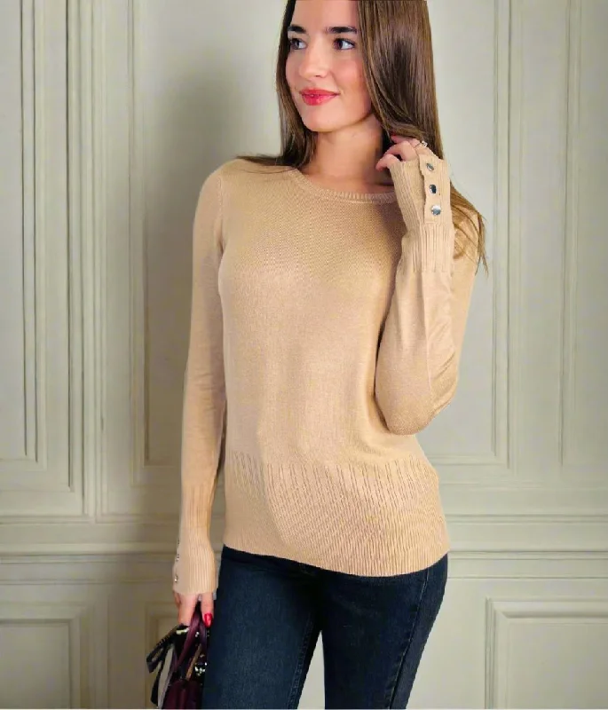 Casual Fashion Camel Fine Knit Button Cuff Jumper