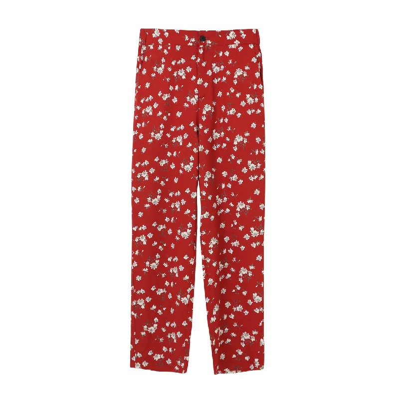 Clothing For Women Burgundy Floral Stretch Silk Pants