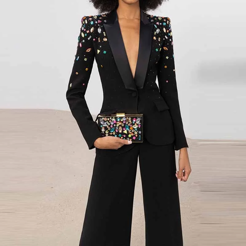 Everyday Fashion Women Luxury Colorful Stones Embroidery Blazer + Mid-High Rise Flare Trousers Pantsuit Suit Black Everyday Fashion Women Luxury Colorful Stones Embroidery Blazer + Mid-High Rise Flare Trousers Pantsuit Suit Black