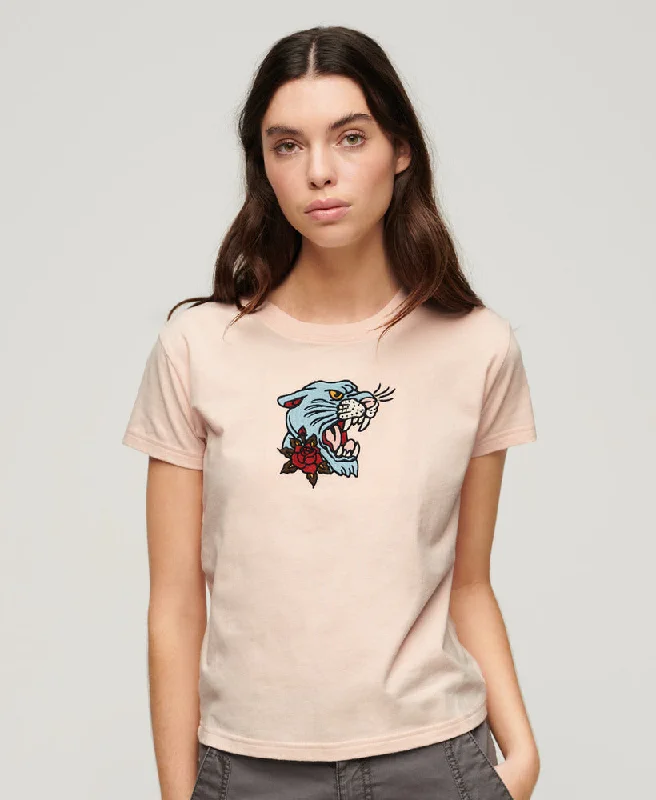 Sophisticated Style Tattoo Embroidered Fitted T-Shirt | Peach Whip Pink