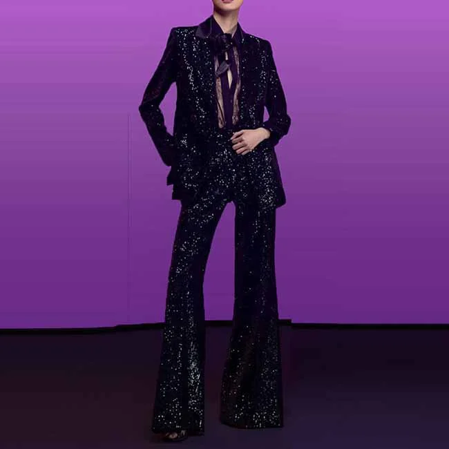 Must-Have Styles Women Black Sequinned fitted Blazer + Mid-High Rise Flare Trousers Suit Pantsuit Must-Have Styles Women Black Sequinned fitted Blazer + Mid-High Rise Flare Trousers Suit Pantsuit