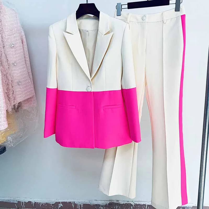 Best Online Clothing Boutiques Women Hot Pink Light Beige Blazer + Flare Trousers Suit Best Online Clothing Boutiques Women Hot Pink Light Beige Blazer + Flare Trousers Suit