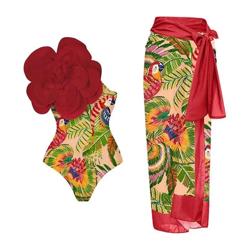 Season Sale Ruther swimsuit with Sarong Skirt in Red