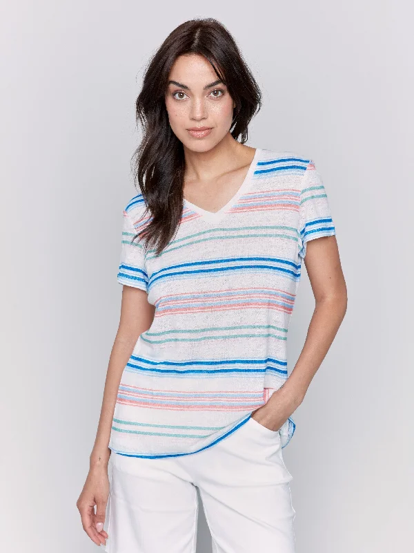 Flash Sale Clothing Striped Linen Blend V-Neck T-Shirt - Lilypad