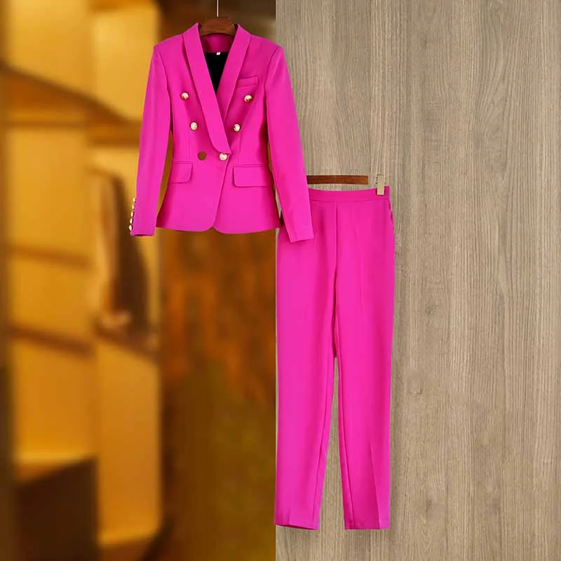 Colorful Clothing Women Shawl Collar Golden Buttons Blazer + Cropped Pants Trousers Pantsuit Suit Hot Pink Colorful Clothing Women Shawl Collar Golden Buttons Blazer + Cropped Pants Trousers Pantsuit Suit Hot Pink