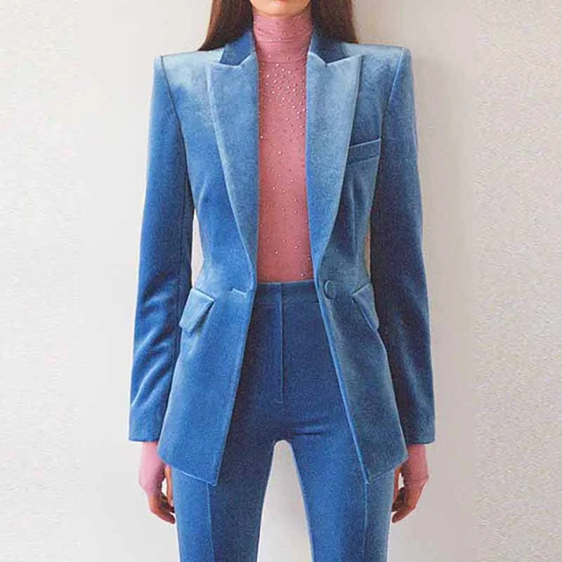 Preppy Style Women Velvet Blazer + Flare Trousers Suit Fashion Pant Suits