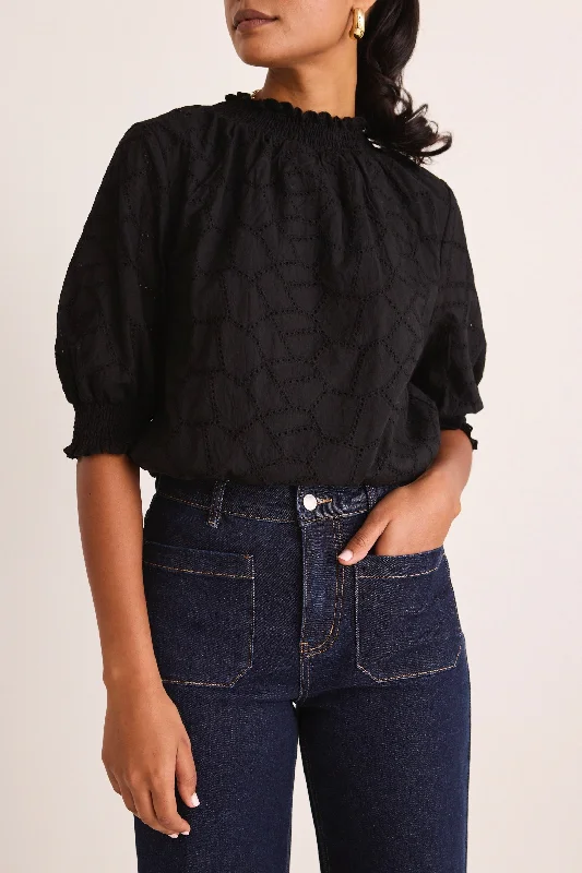 End Of Season Sale Influential Black Broidery Shirred Neck SS Top