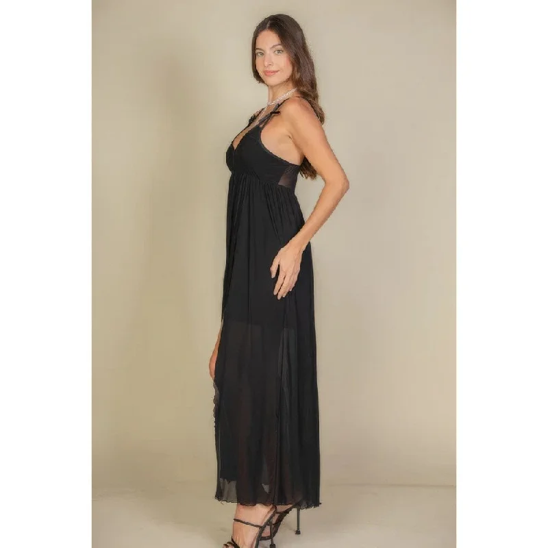 Clothes For Sale Sleeveless Plunge Neck Split Thigh Mesh Maxi Dress