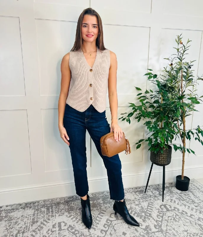 Clothes Woman Mocha Cropped Knitted Waistcoat