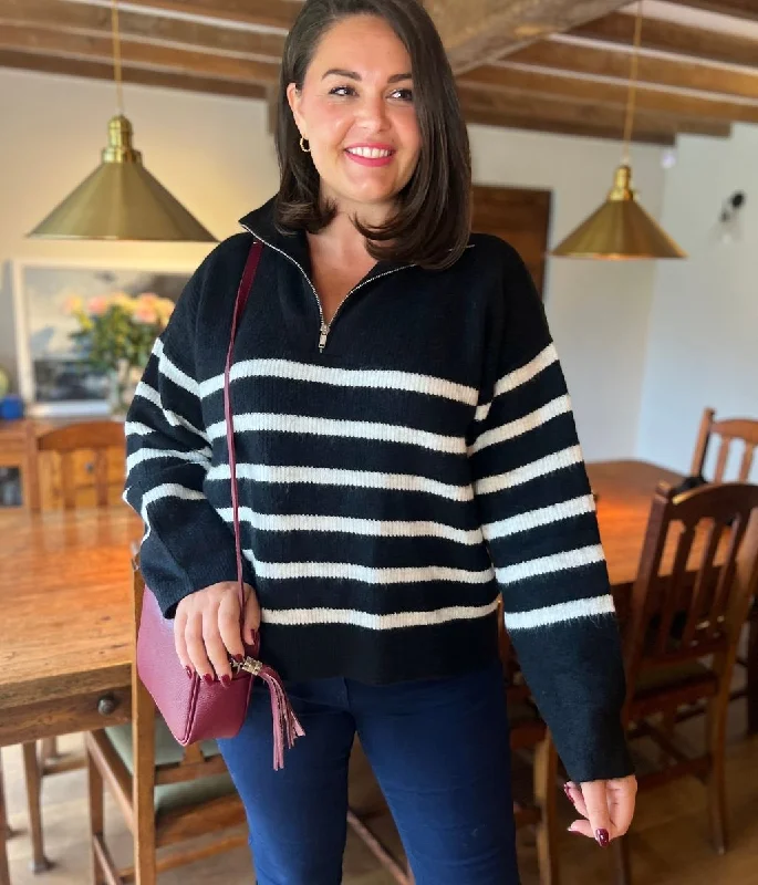 Women Apparel Black Half Striped 1/4 Zip Jumper