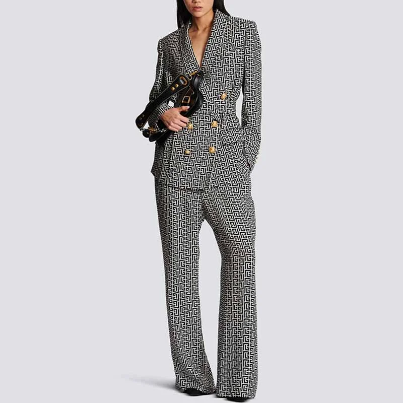 Premium Fashion Women Chic Maze Double Breasted Belted Blazer + Elastic Waist Trousers Pants Suit Premium Fashion Women Chic Maze Double Breasted Belted Blazer + Elastic Waist Trousers Pants Suit