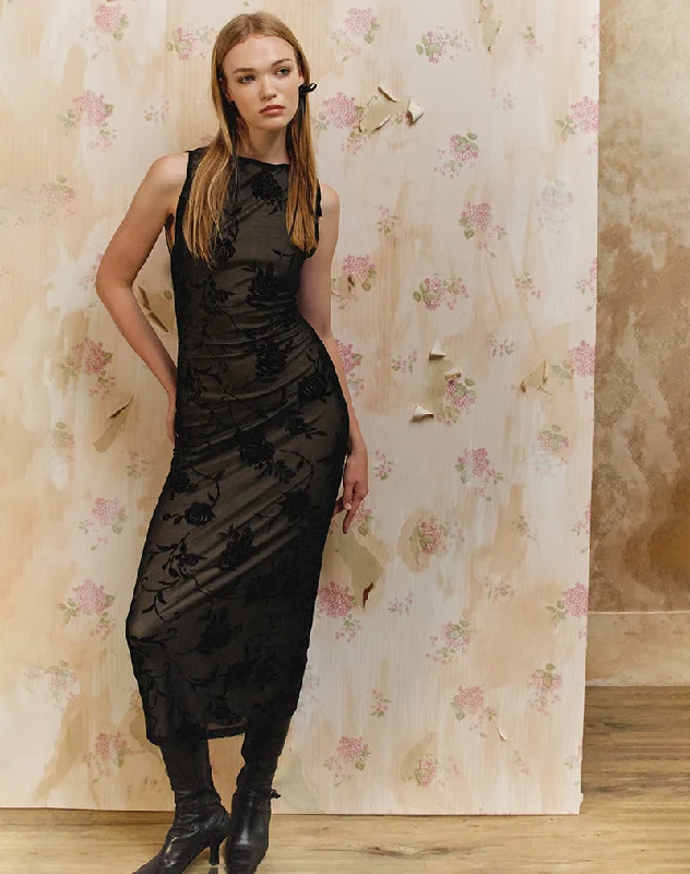 High Street Women’s Fashion for Trendy Shoppers Estoria Midi Dress Black Rose Flock