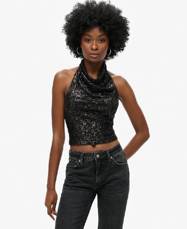 Glamorous Evening Wear Cowl Halter Neck Sequin Top | Black Plain Sequin