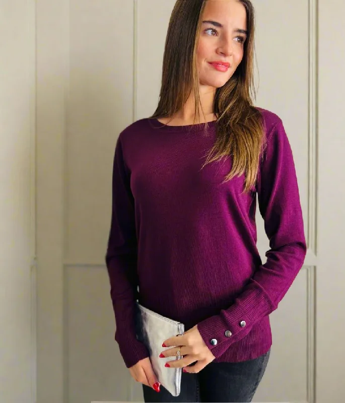 Bold Fashion Burgundy Fine Knit Button Cuff Jumper