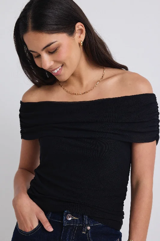 Casual Chic Achiever Black Mesh Off Shoulder Short Sleeved Top