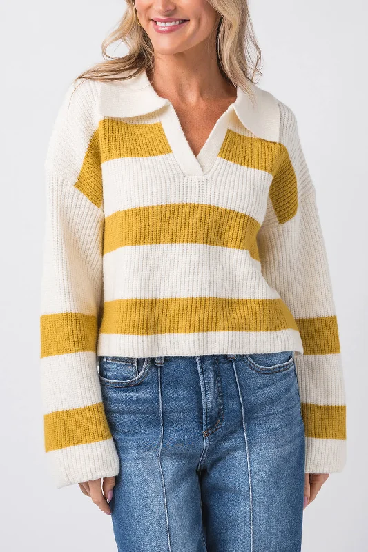 Daily Deals Buttermelon Stripe Drop Shoulder with Wide Collar Sweater