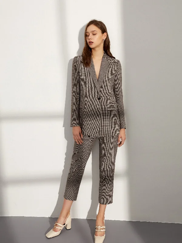 Women's Clothing Sale Online Latte Houndstooth Plaid Trousers