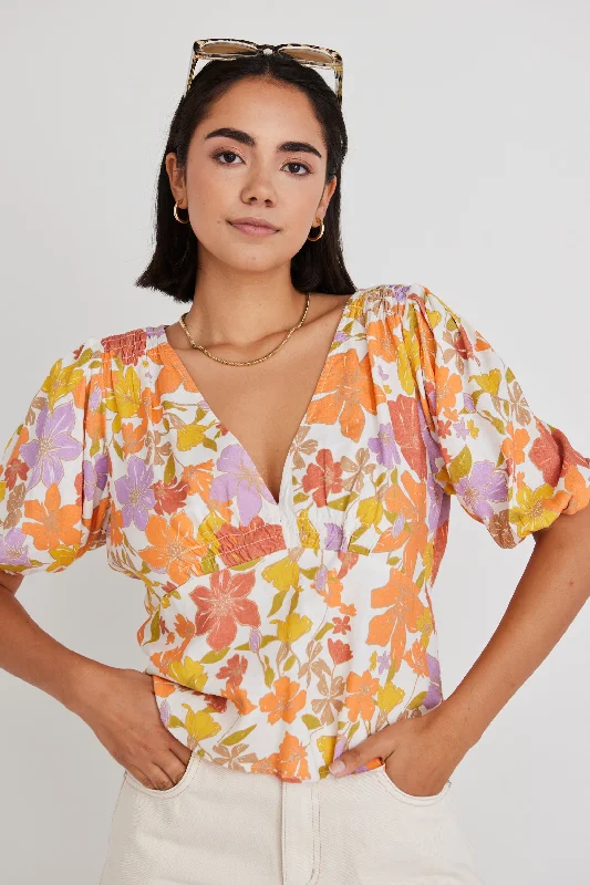 Comfortable Clothes Believer Fruity Floral SS V Neck Top